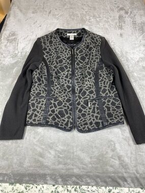 Peter Nygard Petites Large 14-16 Animal Print Zip Jacket Black Faux Leather Trim